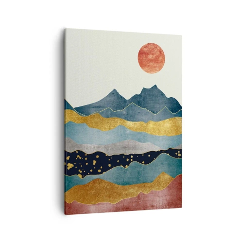 Obraz na płótnie - Abstrakcyjne góry w odcieniach niebieskiego, złota i czerwieni z zachodzącym słońcem - 50x70cm - Przekrój świata - Nowoczesna dekoracja ścienna do salonu, kuchni i sypialni ARTTOR