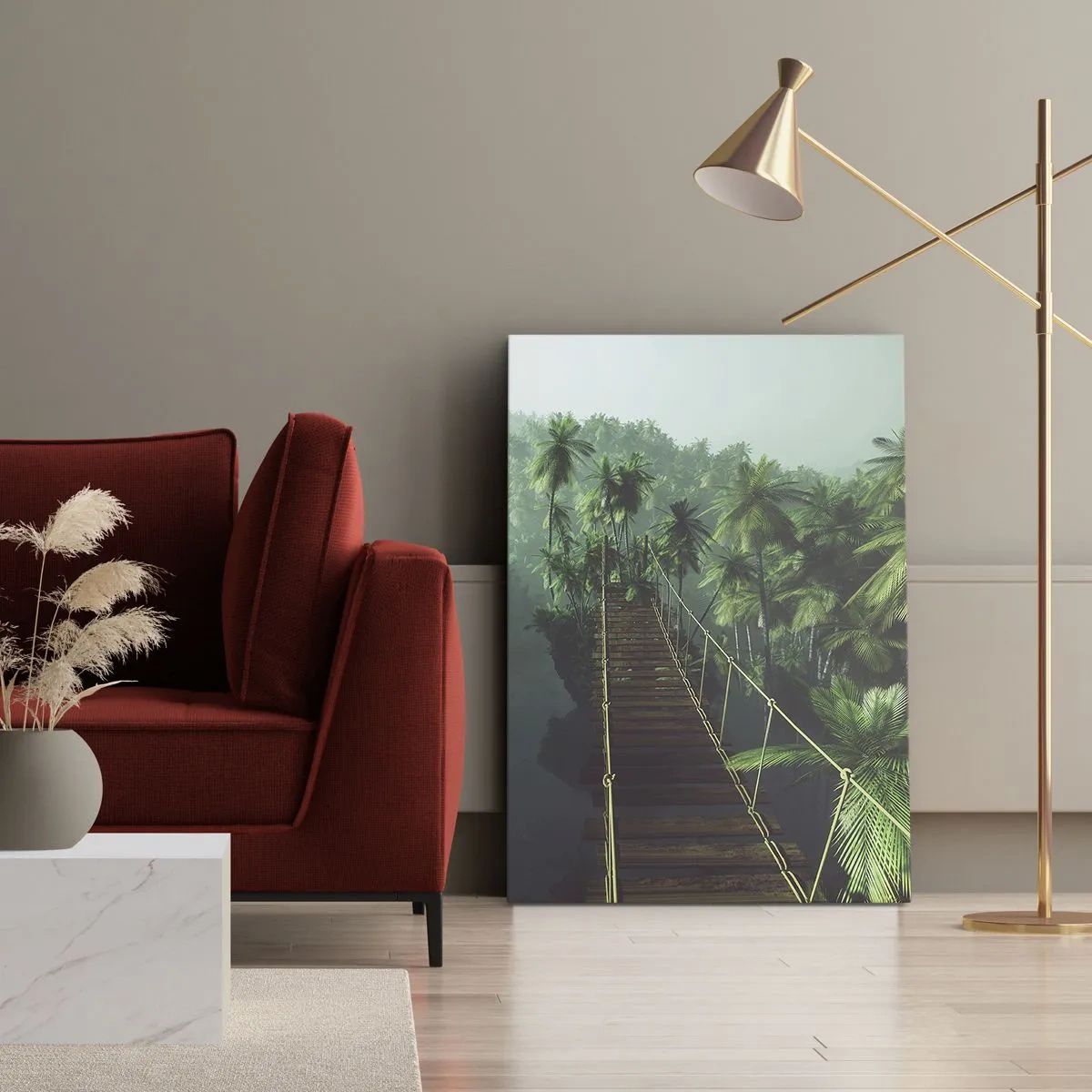 Obraz na płótnie - Wiszący most w tropikalnej dżungli otoczonej mgłą - 50x70cm - Nad kipielą zieleni - Nowoczesna dekoracja ścienna do salonu, kuchni i sypialni ARTTOR