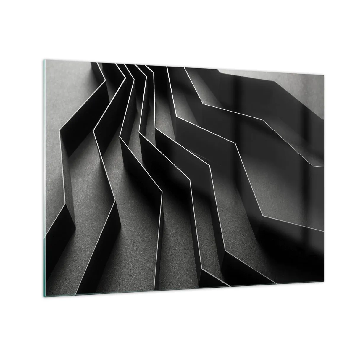 Obraz na szkle - Czarne geometryczne formy z głębią i światłocieniem - 70x50cm - Przestrzenny porządek - Nowoczesna dekoracja ścienna do salonu i sypialni ARTTOR