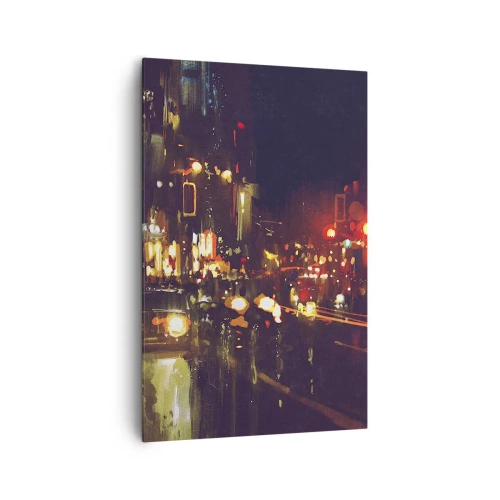 Obraz na płótnie - Nocna scena miasta z kolorowymi światłami i refleksami na ulicy - 80x120cm - Zatopiona w światłach nocy - Nowoczesna dekoracja ścienna do salonu i sypialni ARTTOR