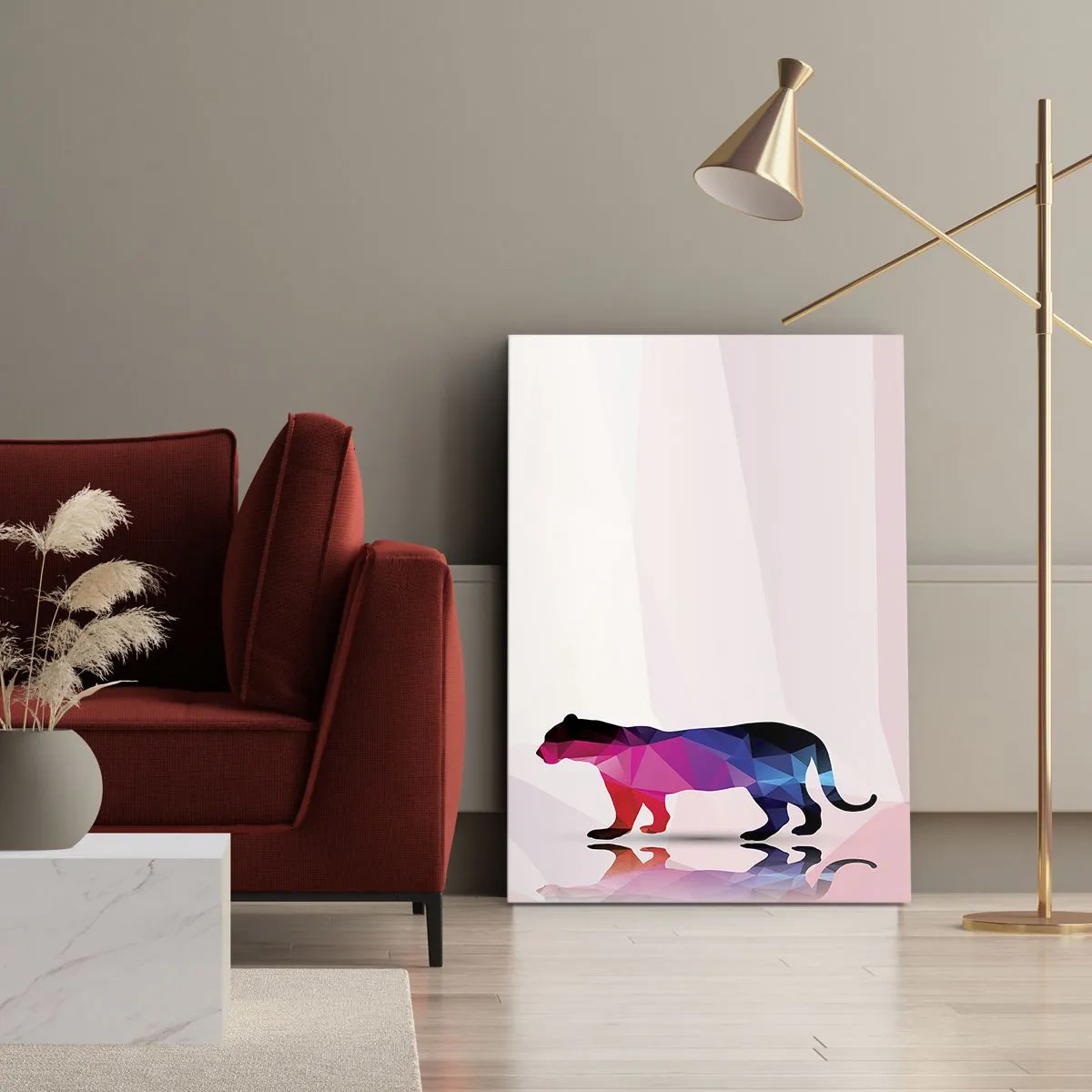 Obraz na płótnie - Geometryczna pantera w abstrakcyjnej kolorystyce - 50x70cm - Dimentowa pantera - Nowoczesna dekoracja ścienna do salonu, kuchni i sypialni ARTTOR