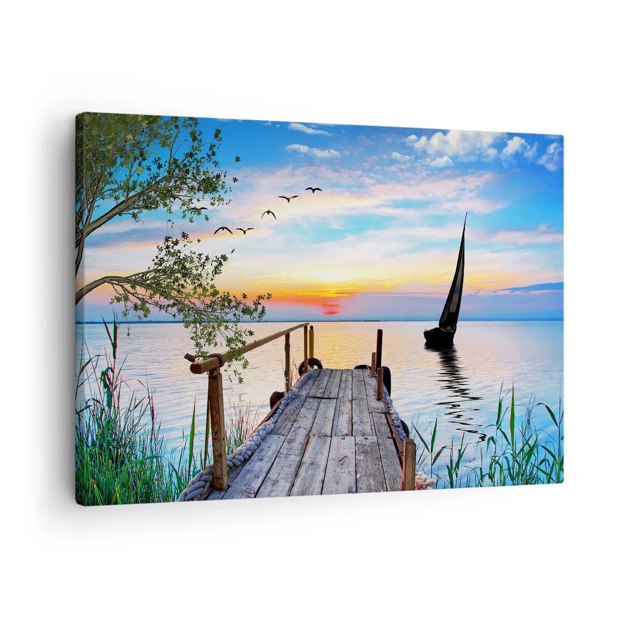 Obraz na płótnie - Molo nad jeziorem z łodzią i zachodem słońca - 70x50cm - Dobry wieczór - Nowoczesna dekoracja ścienna do salonu i sypialni ARTTOR
