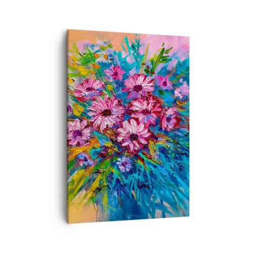 Obraz na płótnie - Bukiet różowych kwiatów na tle kolorowej abstrakcji namalowany techniką impasto - 50x70cm - Energia życia - Nowoczesna dekoracja ścienna do salonu, kuchni i sypialni ARTTOR