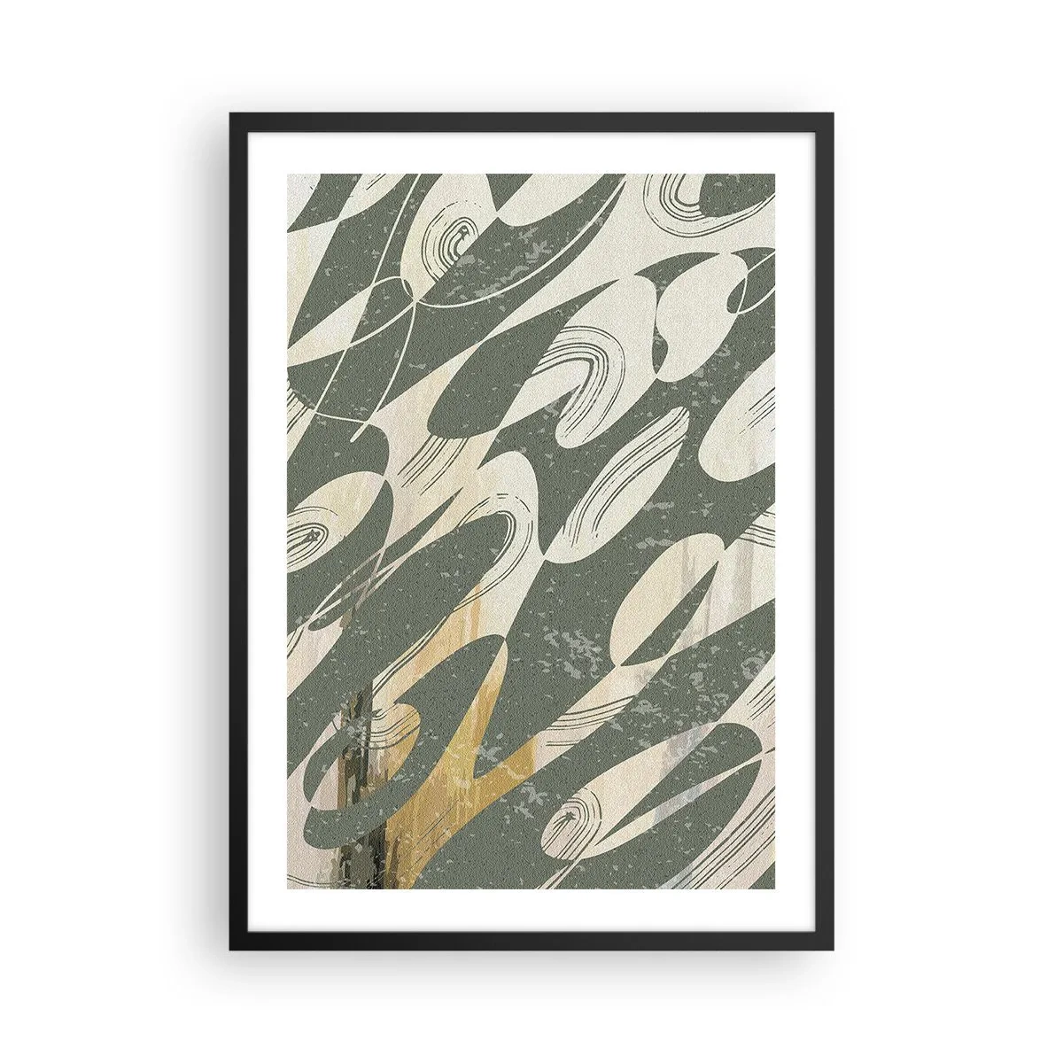 Plakat w czarnej ramie - Abstrakcyjna kompozycja organicznych kształtów w zieleni i beżu - 50x70cm - Abstrakcja zrytmizowana - Nowoczesna dekoracja ścienna do salonu i sypialni ARTTOR