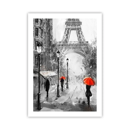 Plakat - Czarno-biała Wieża Eiffla z czerwonymi parasolami w deszczu - 50x70cm - Wszystkie drogi prowadzą do niej - Nowoczesna dekoracja ścienna do salonu, kuchni i sypialni ARTTOR