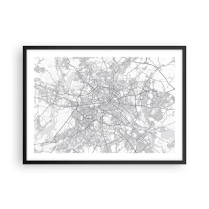 Plakat w czarnej ramie - Szczegółowa mapa miasta w odcieniach czerni i bieli - 70x50cm - Kwiat Berlina - Nowoczesna dekoracja ścienna do salonu i sypialni ARTTOR