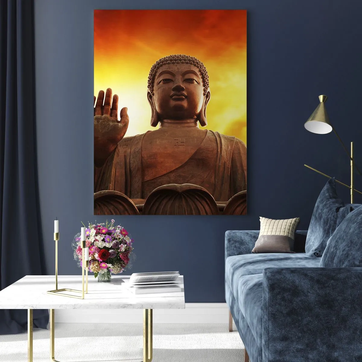 Obraz na szkle - Posąg Buddy na tle złocistego zachodu słońca - 50x70cm - Spokój świata - Nowoczesna dekoracja ścienna do salonu, kuchni i sypialni ARTTOR