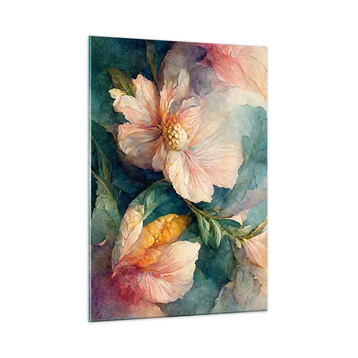 Obraz na szkle - Delikatne kwiaty w pastelowej akwarelowej tonacji - 50x70cm - Sama subtelność - Nowoczesna dekoracja ścienna do salonu, kuchni i sypialni ARTTOR