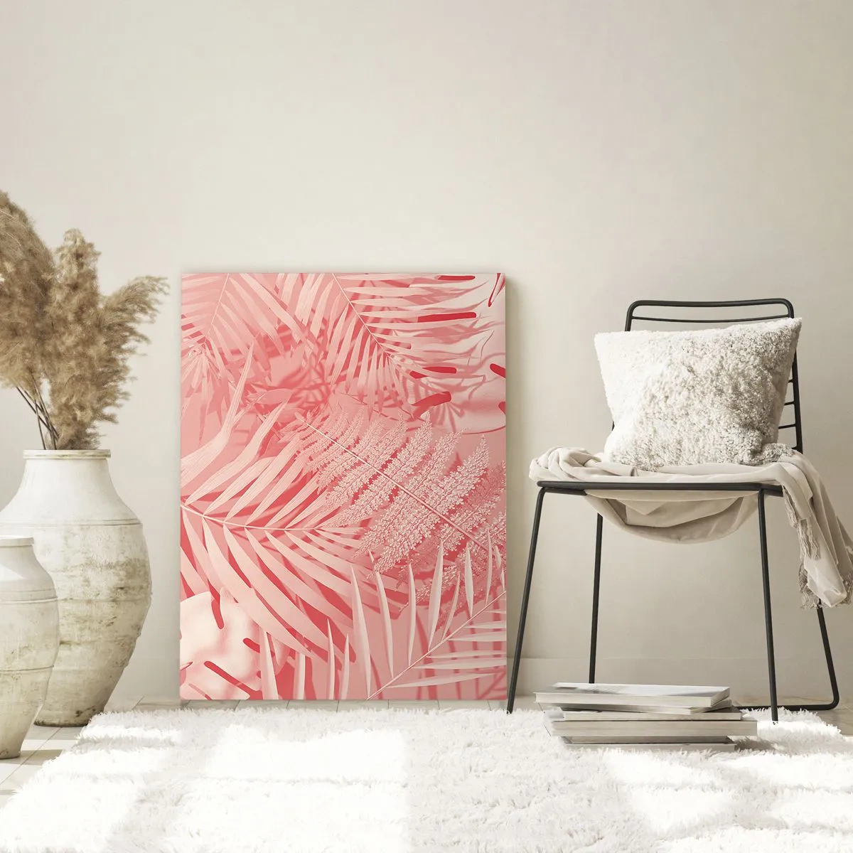 Obraz na szkle - Różowe liście tropikalne w nowoczesnej kompozycji - 50x70cm - Różowy koncept - Nowoczesna dekoracja ścienna do salonu, kuchni i sypialni ARTTOR