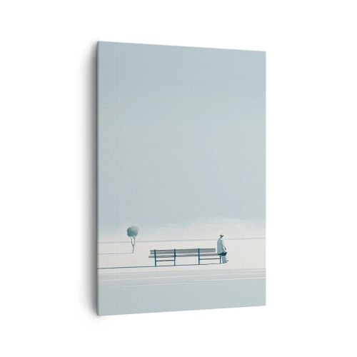 Obraz na płótnie - Osoba siedząca na ławce w minimalistycznym krajobrazie - 70x100cm - Tak, czekam. - Nowoczesna dekoracja ścienna do salonu i sypialni ARTTOR
