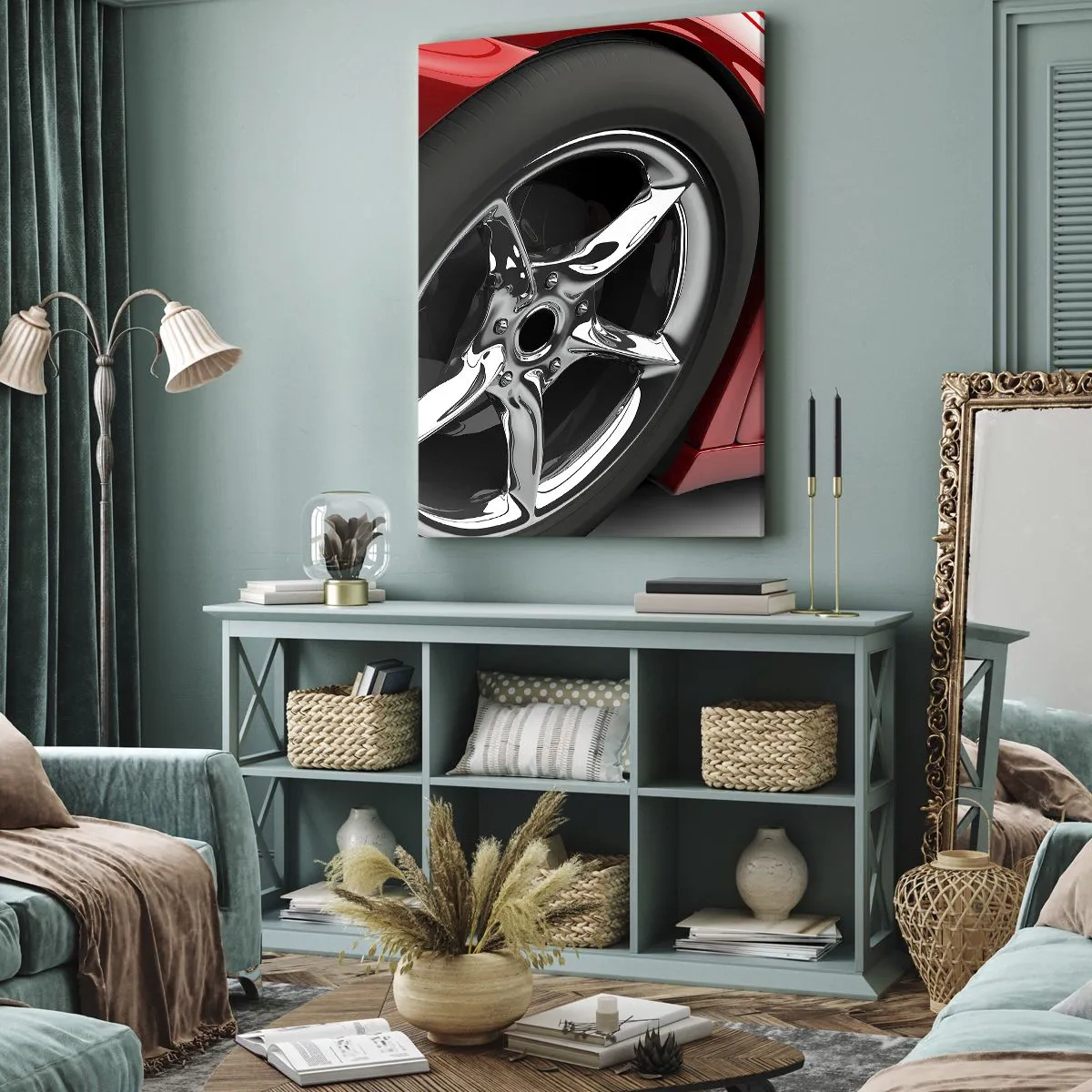 Obraz na płótnie - Detal chromowanej felgi sportowego samochodu - 50x70cm - Stworzony do szybkości - Nowoczesna dekoracja ścienna do salonu, kuchni i sypialni ARTTOR