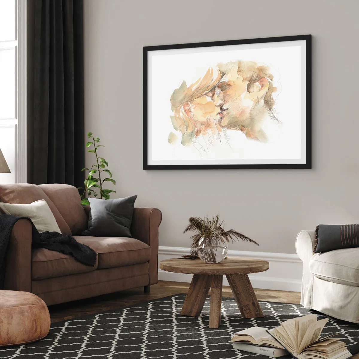 Plakat w czarnej ramie - Romantyczny akwarelowy portret pary w pocałunku - 70x50cm - Odnaleziona połowa? - Nowoczesna dekoracja ścienna do salonu i sypialni ARTTOR