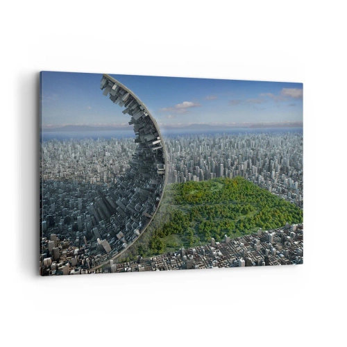 Obraz na płótnie - Dynamiczne miasto z surrealistycznym zakrzywieniem - 100x70cm - Natura jest wieczna - Nowoczesna dekoracja ścienna do salonu, kuchni i sypialni ARTTOR