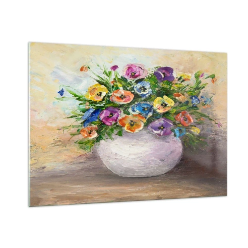 Obraz na szkle - Bukiet kolorowych kwiatów w białym wazonie - 100x70cm - Martwa natura z białym wazonem - Nowoczesna dekoracja ścienna do salonu, kuchni i sypialni ARTTOR