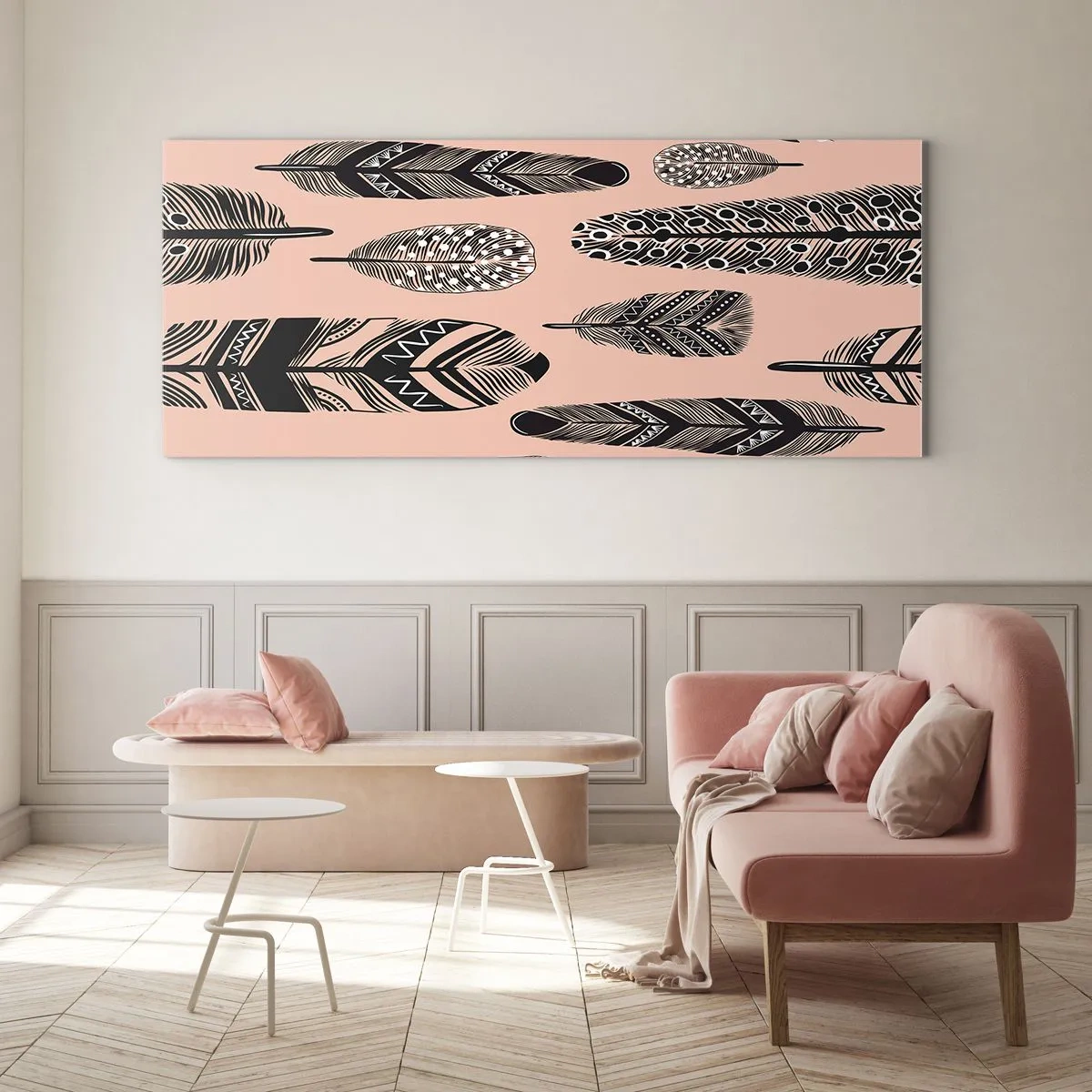 Obraz na szkle - Dekoracyjne pióra na jasnym tle - 140x50cm - Indiańska kolekcja - Nowoczesna dekoracja ścienna do salonu i sypialni ARTTOR
