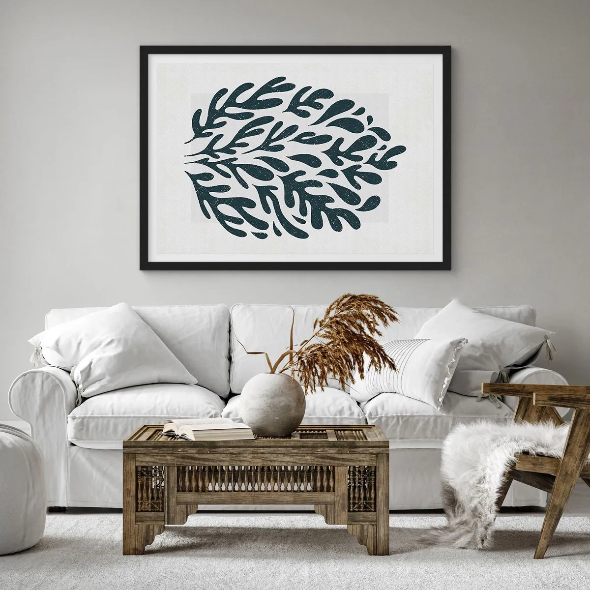 Plakat w czarnej ramie - Ciemny abstrakcyjny motyw liściowy na jasnym tle - 70x50cm - Kształty natury - Nowoczesna dekoracja ścienna do salonu i sypialni ARTTOR