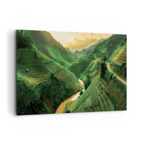 Obraz na płótnie - Malownicze tarasy ryżowe w zielonej dolinie oświetlone zachodzącym słońcem - 120x80cm - Wietnamska dolina - Nowoczesna dekoracja ścienna do salonu, kuchni i sypialni ARTTOR