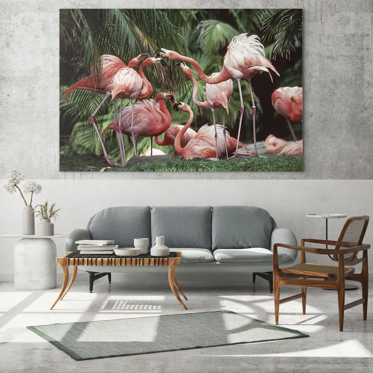 Obraz na szkle - Flamingi wśród tropikalnej roślinności w soczystych kolorach - 70x50cm - Popołudniowe ploteczki - Nowoczesna dekoracja ścienna do salonu i sypialni ARTTOR