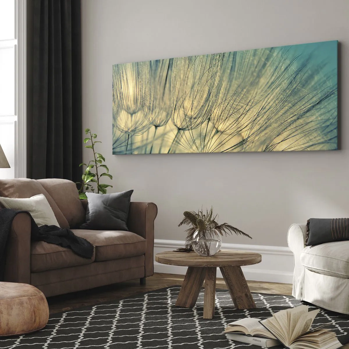 Obraz na płótnie - Makrofotografia dmuchawców w świetle dziennym - 160x50cm - W oczekiwaniu na wiatr - Nowoczesna dekoracja ścienna do salonu i sypialni ARTTOR