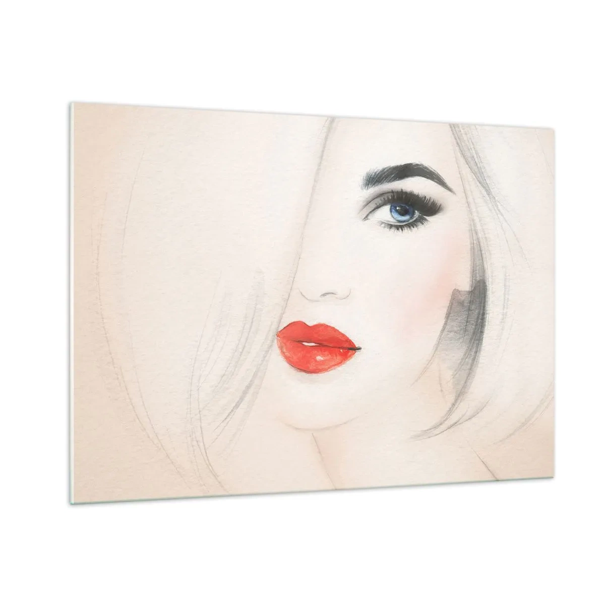 Obraz na szkle - Portret kobiety z jasnymi włosami, czerwonymi ustami i niebieskim okiem - 100x70cm - Hipnotyzuje i odurza - Nowoczesna dekoracja ścienna do salonu, kuchni i sypialni ARTTOR