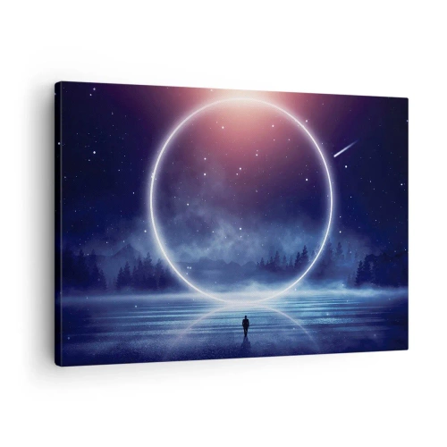 Obraz na płótnie - Już tu są… - Magiczny krajobraz z postacią i świetlistym kręgiem nocą - 70x50cm