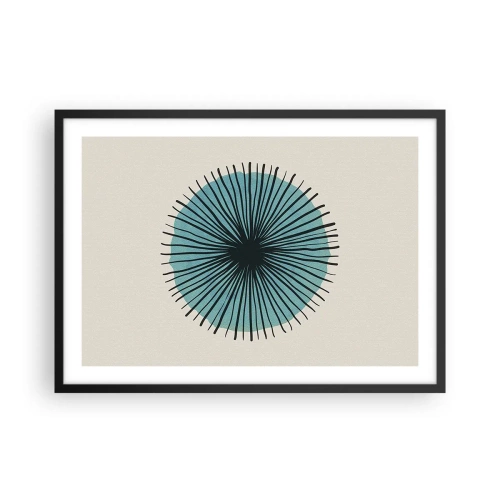 Plakat w czarnej ramie - Abstrakcyjna forma w kształcie koła z promieniami w błękitach - 70x50cm - Promieniście na błękicie - Nowoczesna dekoracja ścienna do salonu i sypialni ARTTOR