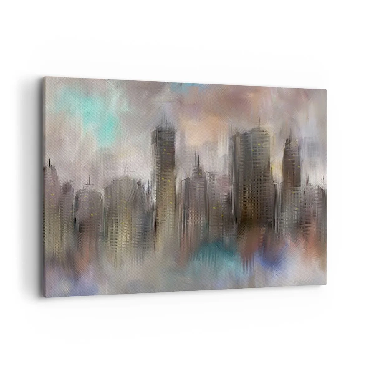 Obraz na płótnie - Artystyczna wizja miejskiego krajobrazu z wieżowcami w pastelowych barwach - 120x80cm - Kompozycja ze stali, kamienia i mgły - Nowoczesna dekoracja ścienna do salonu, kuchni i sypialni ARTTOR