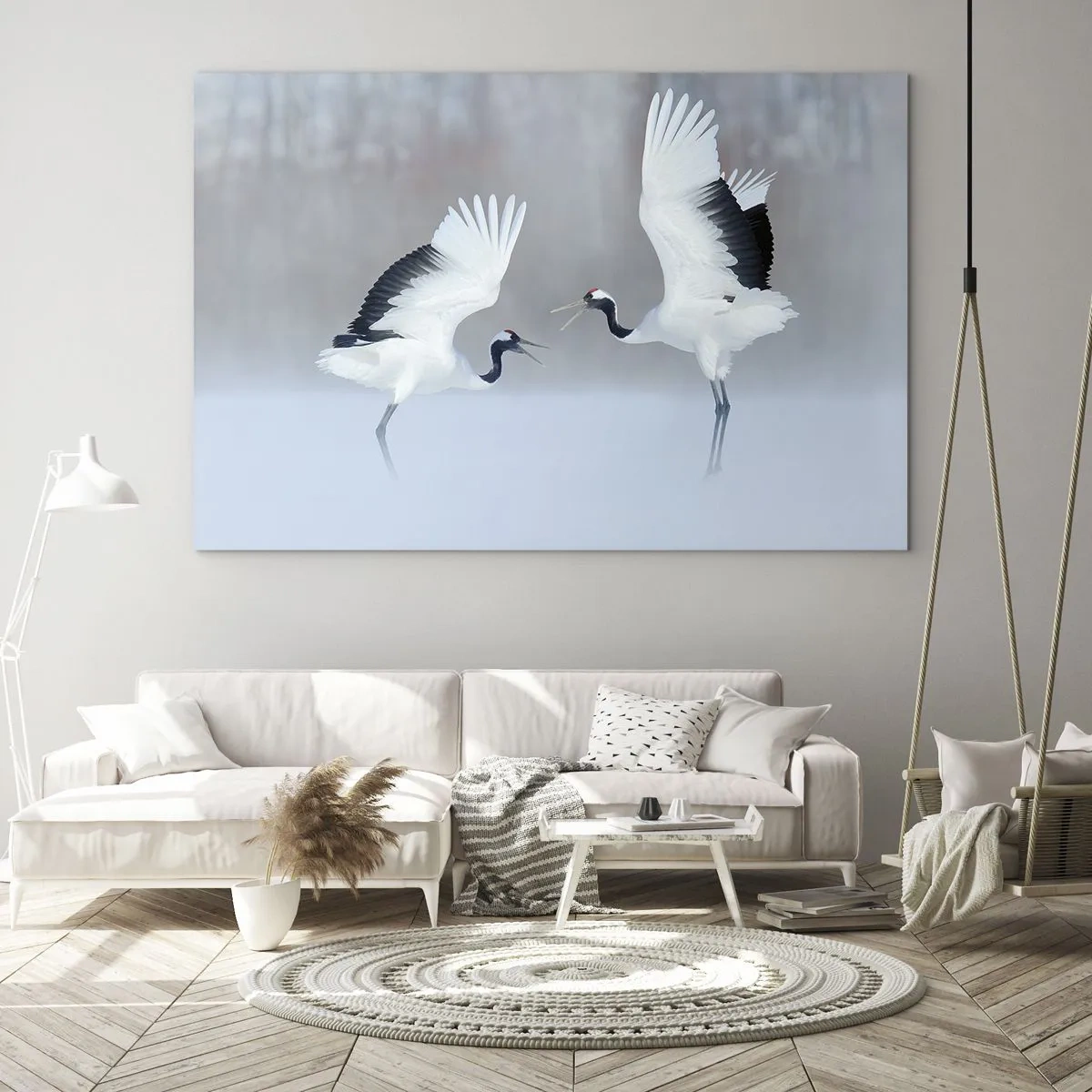 Obraz na szkle - Tańczące żurawie na tle zimowego krajobrazu - 120x80cm - Taniec we mgle - Nowoczesna dekoracja ścienna do salonu, kuchni i sypialni ARTTOR