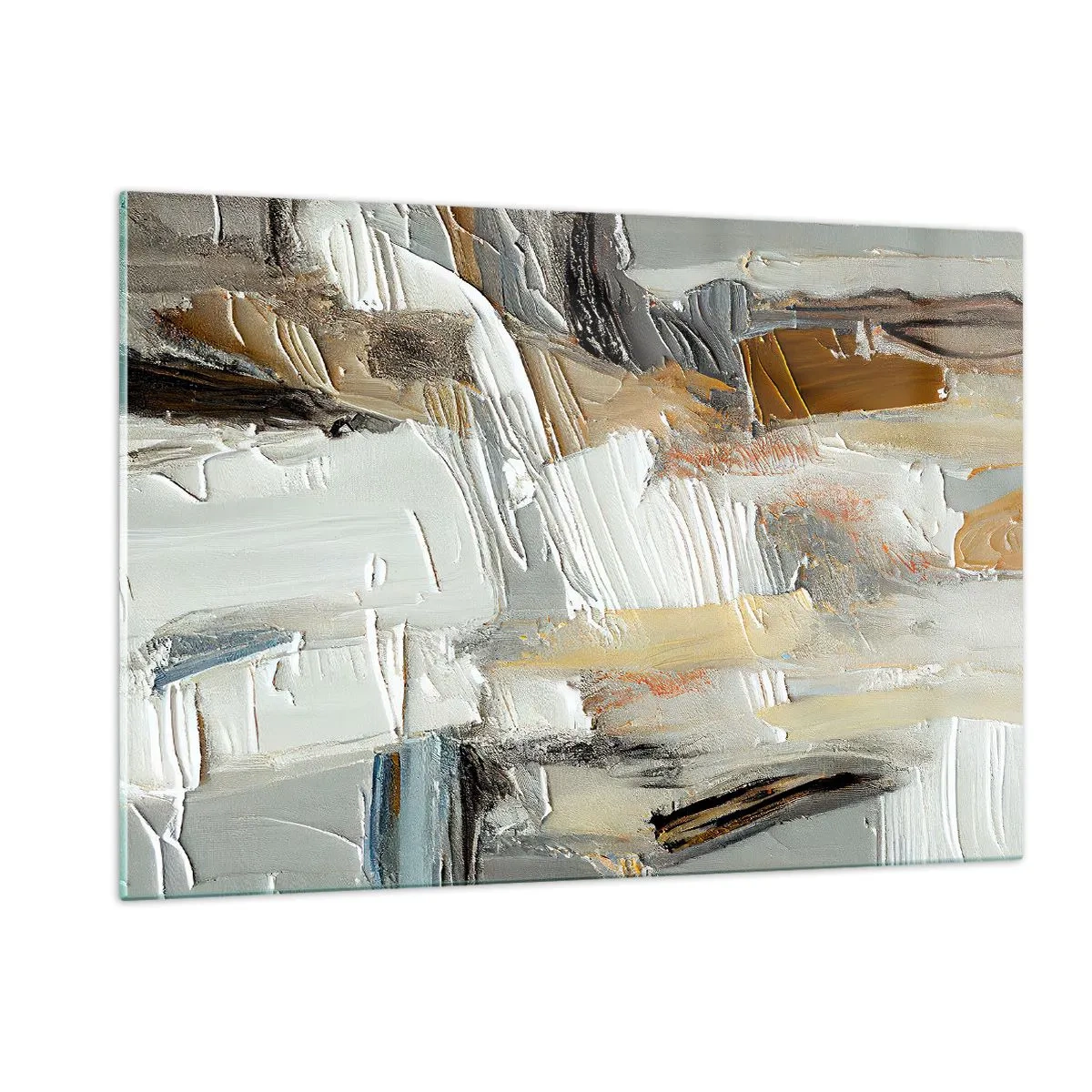 Obraz na szkle - Abstrakcyjna kompozycja w odcieniach ziemi z wyrazistą fakturą - 120x80cm - Barwne nawarstwienia - Nowoczesna dekoracja ścienna do salonu, kuchni i sypialni ARTTOR