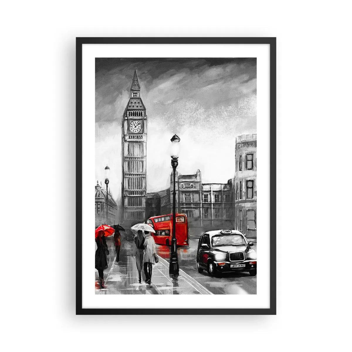 Plakat w czarnej ramie - Big Ben w deszczowy dzień z czerwonymi akcentami - 50x70cm - Wcale nie szare miasto - Nowoczesna dekoracja ścienna do salonu i sypialni ARTTOR