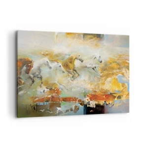 Obraz na płótnie - Artystyczne konie w dynamicznej scenerii pełnej kolorów - 100x70cm - Galopem przez światło - Nowoczesna dekoracja ścienna do salonu, kuchni i sypialni ARTTOR