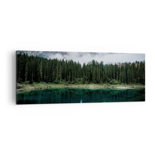 Obraz na płótnie - Górski krajobraz z lasem i jeziorem odbijającym niebo - 140x50cm - Cicho, cicho, nie budźmy wody spiącej… - Nowoczesna dekoracja ścienna do salonu i sypialni ARTTOR
