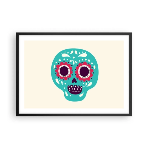Plakat w czarnej ramie - Cukrowa czaszka w turkusie i fiolecie inspirowana meksykańską kulturą - 70x50cm - Życie – zabawa aż do śmierci - Nowoczesna dekoracja ścienna do salonu i sypialni ARTTOR