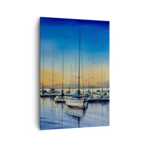 Obraz na płótnie - Port jachtowy o zachodzie słońca z odbiciami na wodzie - 70x100cm - Koniec dobrego dnia - Nowoczesna dekoracja ścienna do salonu i sypialni ARTTOR