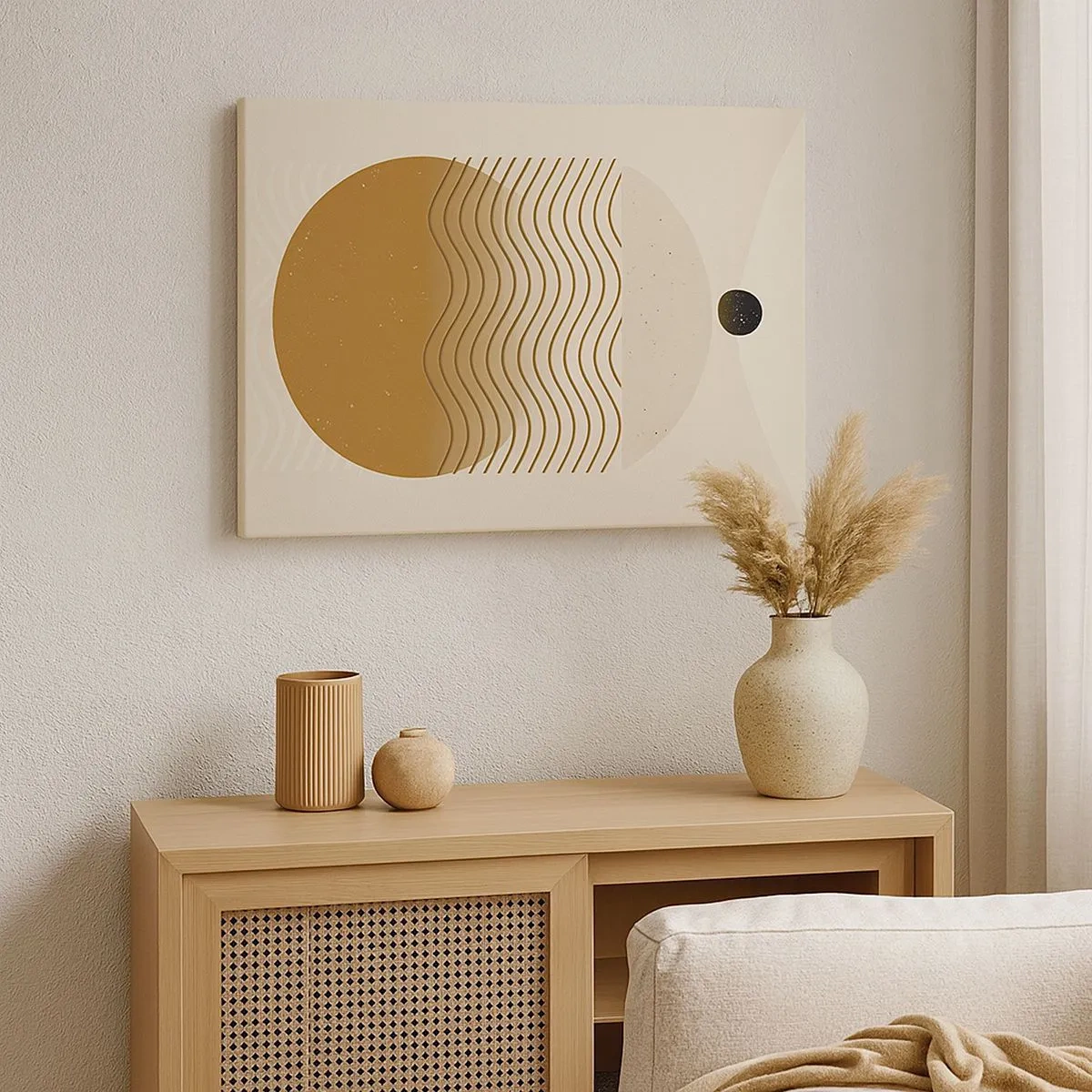 Obraz na płótnie - Geometryczna abstrakcja z kołami i falistymi liniami w ciepłych barwach - 70x50cm - O pochodzeniu figur geometrycznych - Nowoczesna dekoracja ścienna do salonu i sypialni ARTTOR