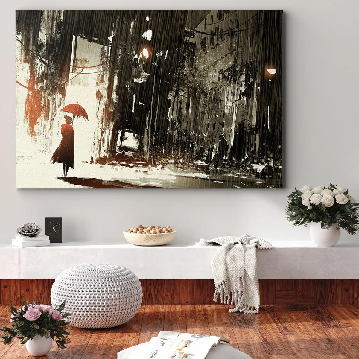 Obraz na płótnie - Czerwona postać z parasolem w deszczowej scenerii - 70x50cm - Poezja czerwonego parasola - Nowoczesna dekoracja ścienna do salonu i sypialni ARTTOR