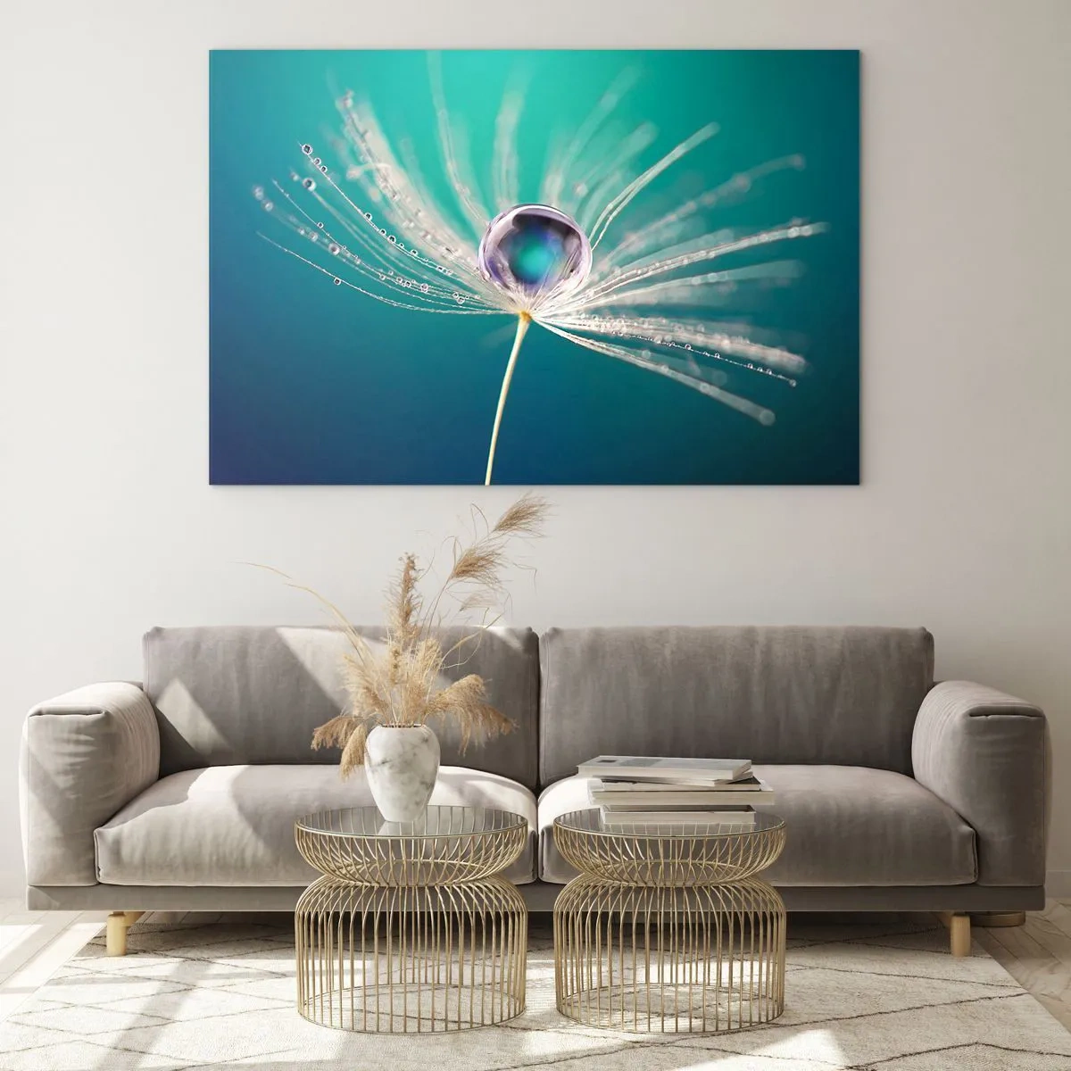 Obraz na szkle - Makrofotografia nasionka dmuchawca z kroplą rosy na turkusowym tle - 100x70cm - Mistyczna chwila - Nowoczesna dekoracja ścienna do salonu, kuchni i sypialni ARTTOR