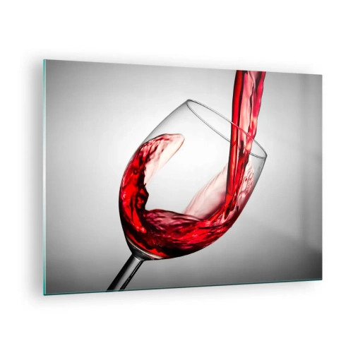 Obraz na szkle - Czerwone wino wlewane do kieliszka na jasnym tle - 70x50cm - Barwa - ruch - dźwięk - Nowoczesna dekoracja ścienna do salonu i sypialni ARTTOR