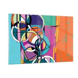 Obraz na szkle - Kolorowa abstrakcja z geometrycznymi kształtami i okręgami - 120x80cm - Koło za kołem - Nowoczesna dekoracja ścienna do salonu, kuchni i sypialni ARTTOR