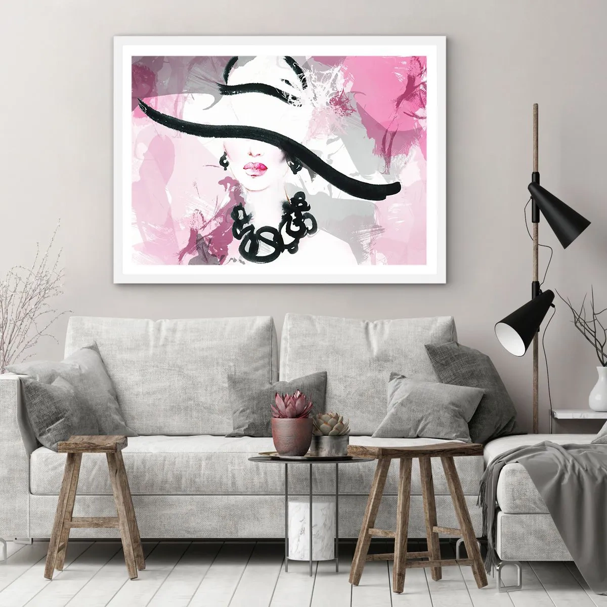 Plakat w białej ramie - Portret damy w czerni i różu - 70x50 cm