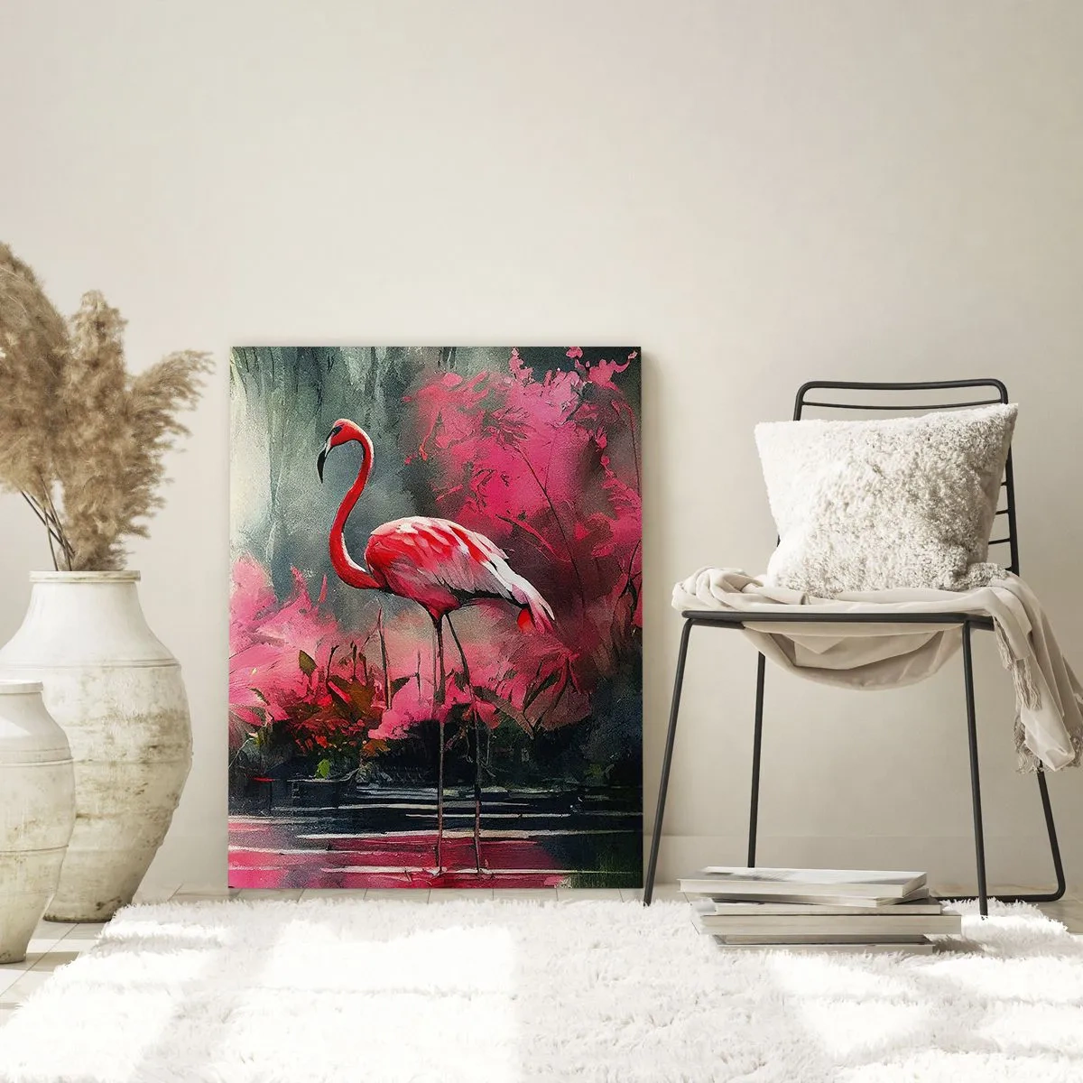Obraz na szkle - Dwa flamingi w tropikalnym otoczeniu nad wodą - 50x70cm - Lekcja naturalnego wdzięku - Nowoczesna dekoracja ścienna do salonu, kuchni i sypialni ARTTOR
