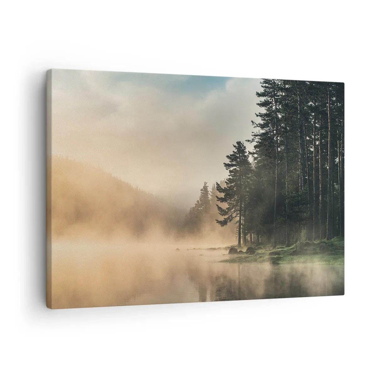 Obraz na płótnie - Mglisty las nad spokojnym jeziorem - 70x50cm - Narodziny dnia - Nowoczesna dekoracja ścienna do salonu i sypialni ARTTOR