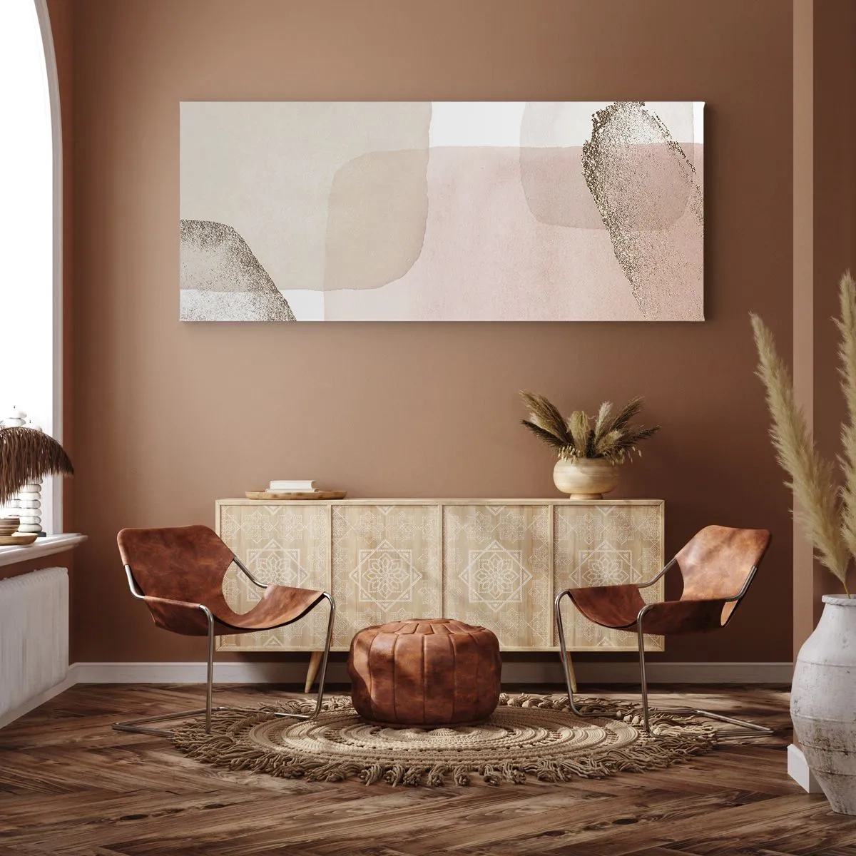 Obraz na płótnie - Pastelowe plamy z elementami złota - 160x50cm - Spojrzenie przez kolor - Nowoczesna dekoracja ścienna do salonu i sypialni ARTTOR