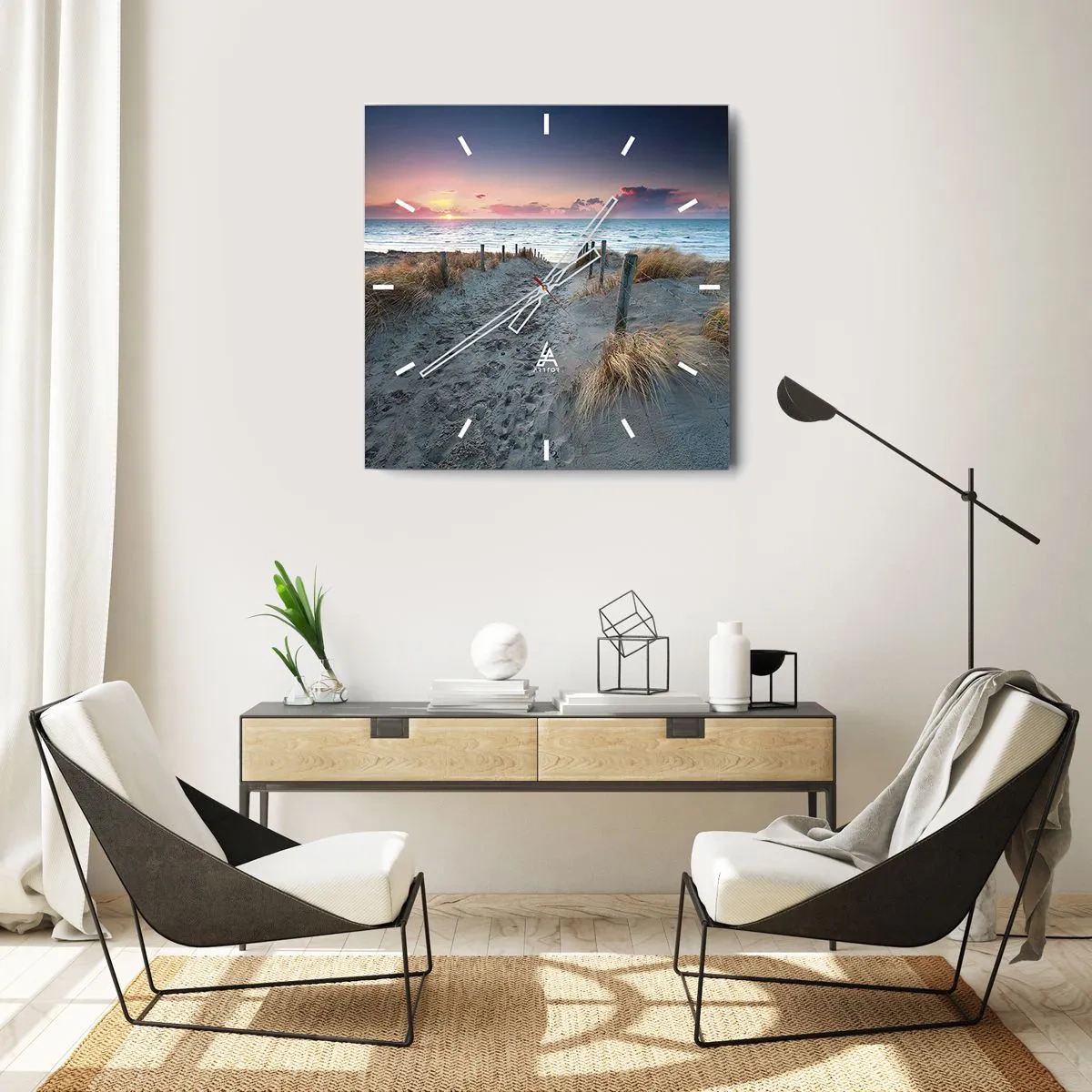 Zegar ścienny - Ścieżka prowadząca na plażę o zachodzie słońca - 30x30cm - Rozlałeś tęczę blasków promienistą… - Nowoczesna dekoracja ścienna do salonu i sypialni ARTTOR