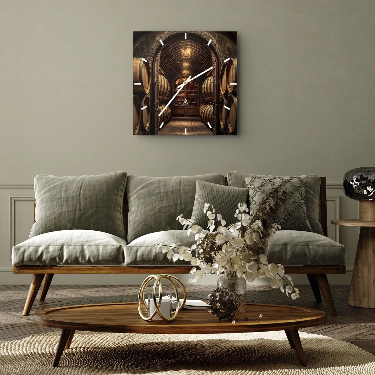 Zegar ścienny - Winiarnia z drewnianymi beczkami i półkami z winami - 30x30cm - Klimatyczna piwnica - Nowoczesna dekoracja ścienna do salonu i sypialni ARTTOR
