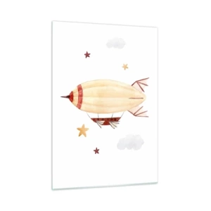 Obraz na szkle - Rysunkowy sterowiec wśród gwiazd na białym tle - 50x70cm - Powietrzny statek - Nowoczesna dekoracja ścienna do salonu, kuchni i sypialni ARTTOR