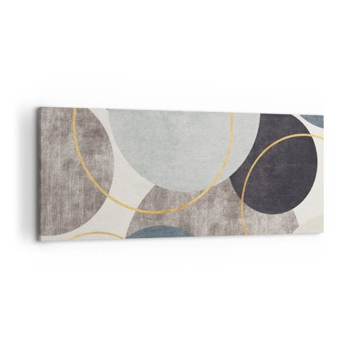 Obraz na płótnie - Geometryczne okręgi w odcieniach szarości, błękitu i złota - 120x50cm - Koło za kołem - Nowoczesna dekoracja ścienna do salonu i sypialni ARTTOR