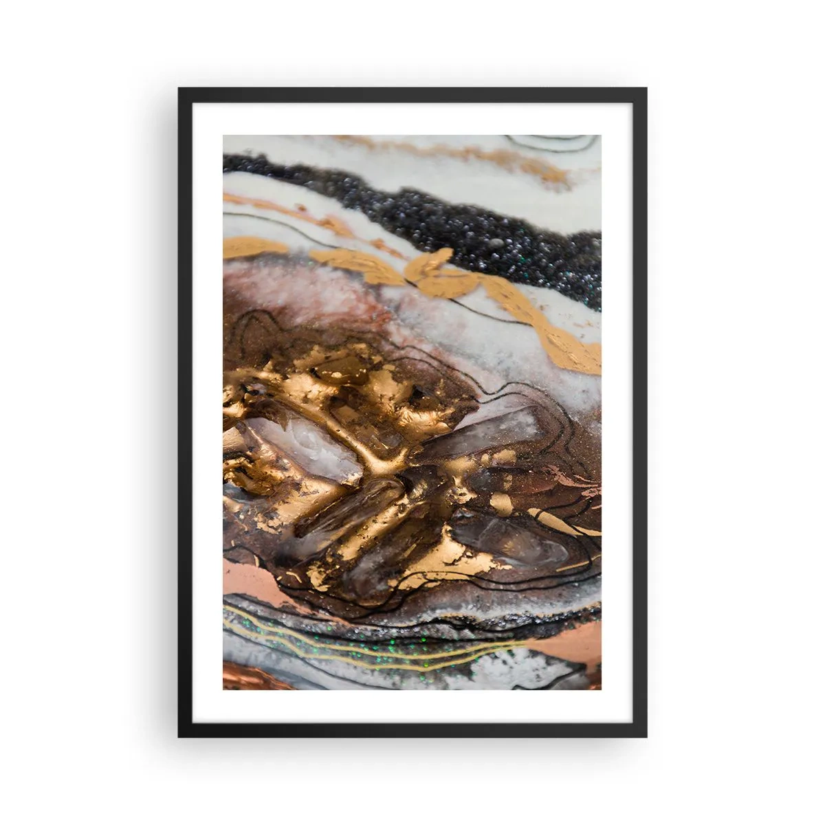 Plakat w czarnej ramie - Abstrakcyjny wzór w odcieniach złota, czerni i bieli, inspirowany naturą - 50x70cm - Żywioł ziemi - Nowoczesna dekoracja ścienna do salonu i sypialni ARTTOR