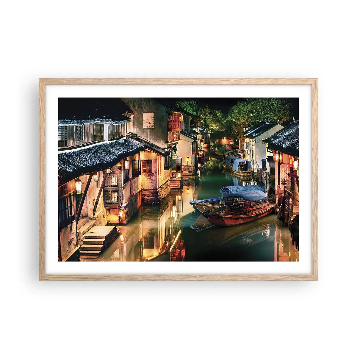 Plakat w ramie jasny dąb - Wieczór na chińskiej ulicy - 70x50 cm