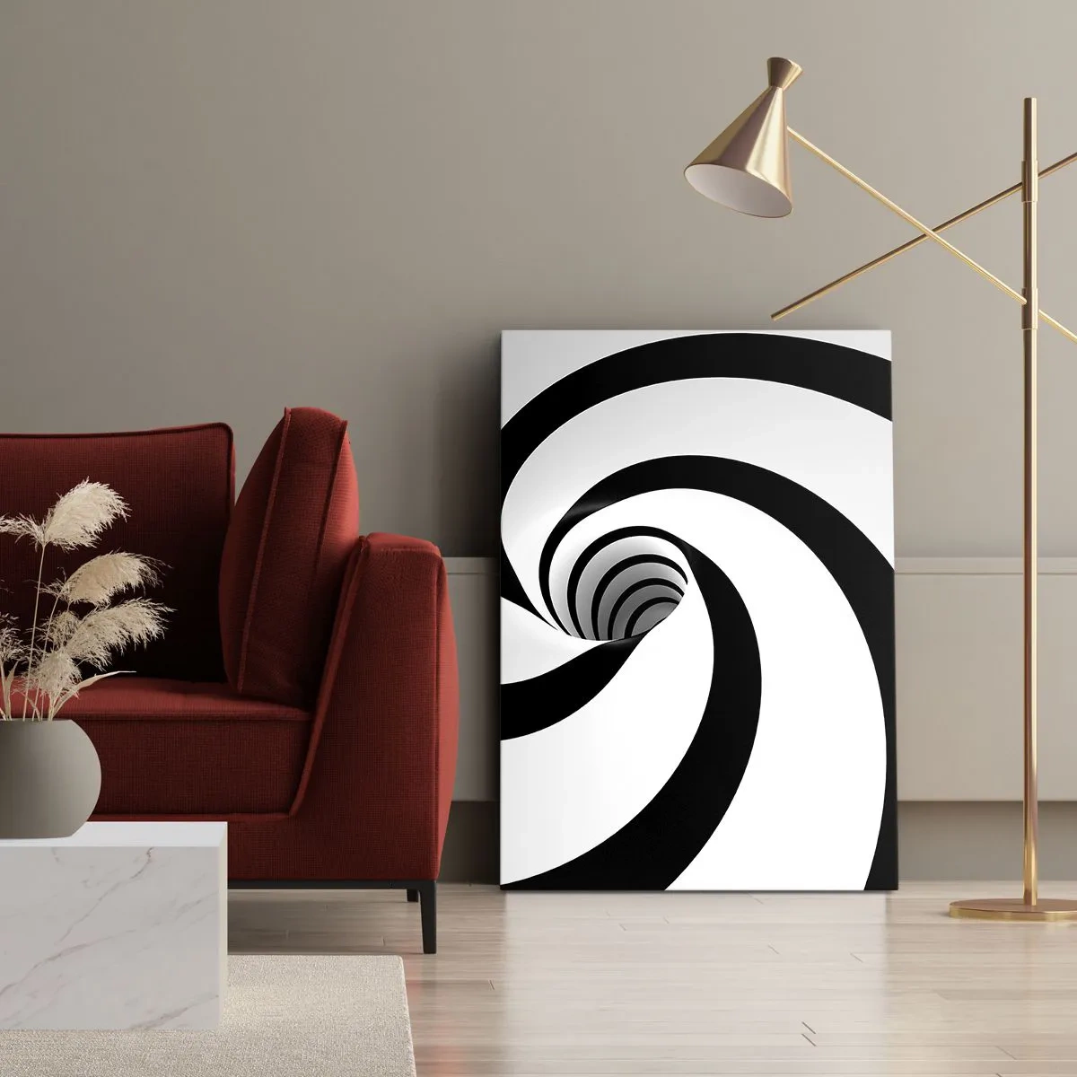 Obraz na płótnie - Czarno-biała spirala tworząca efekt optyczny - 50x70cm - Poddać się wirowi? - Nowoczesna dekoracja ścienna do salonu, kuchni i sypialni ARTTOR